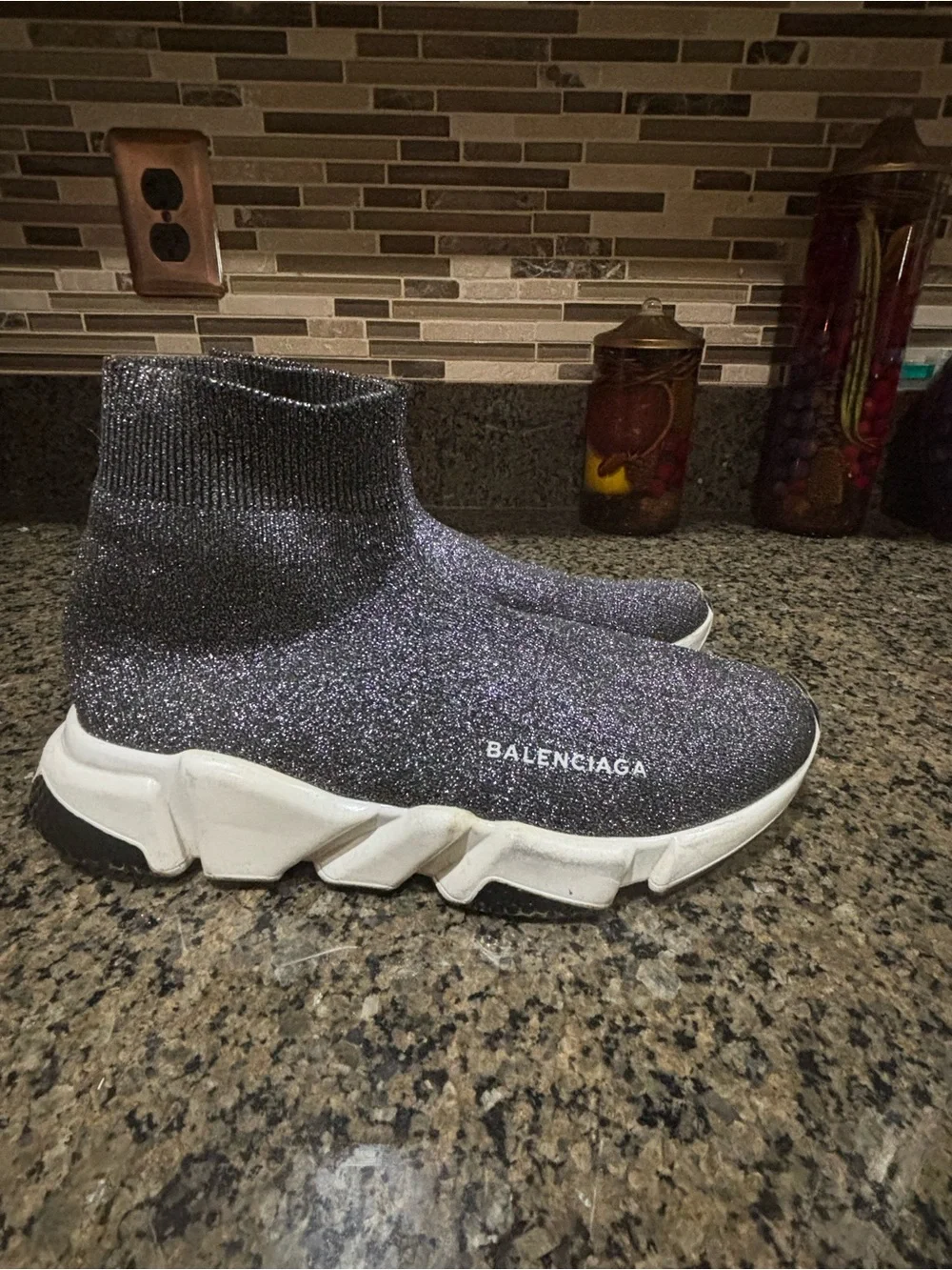 Balenciaga Women’s Black Glitter Sock Sneakers with White Sole - Picture 3 of 13
